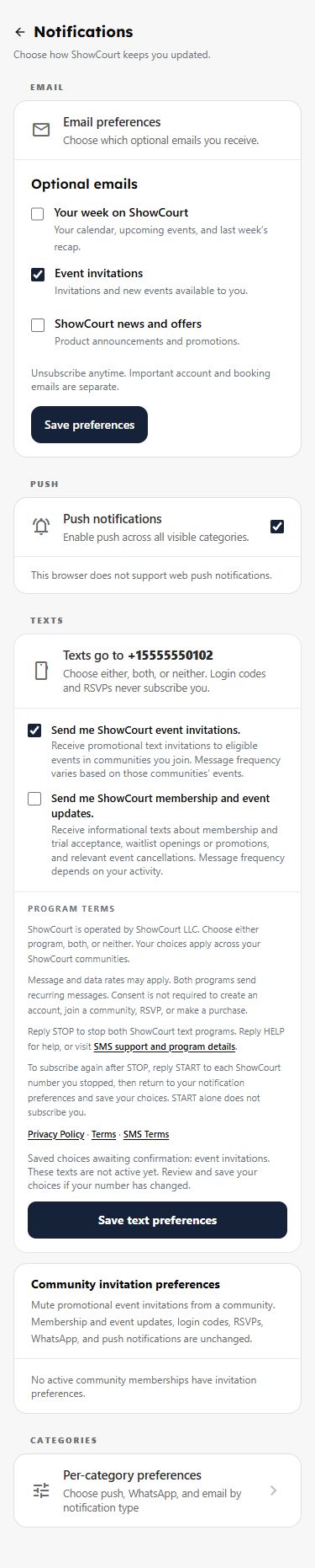 Actual Notifications page after saving and reloading, with invitation confirmation pending