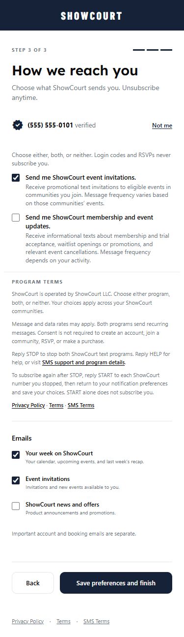 Actual signup form with invitation consent selected and updates unselected